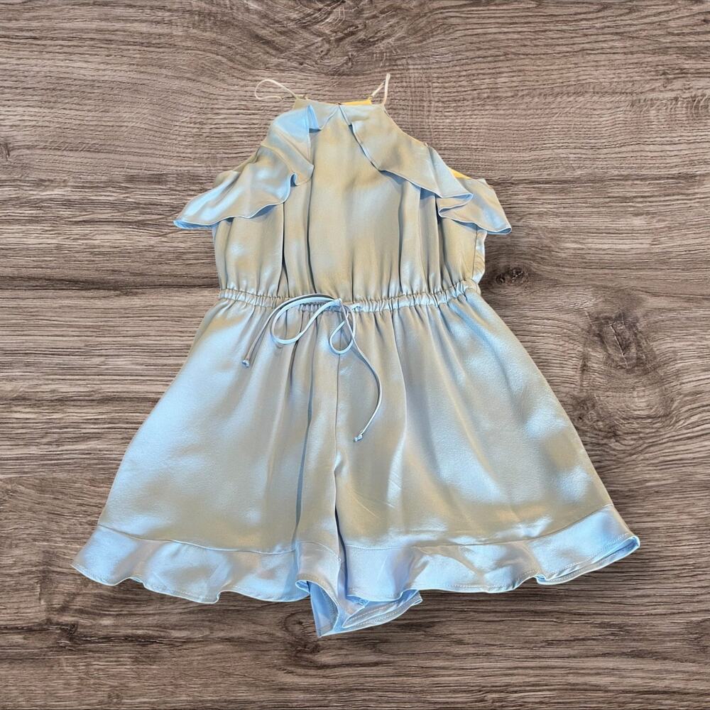 Lavender Brown 100% Silk Blue Strappy Sleeveless Shorts Romper Size XS